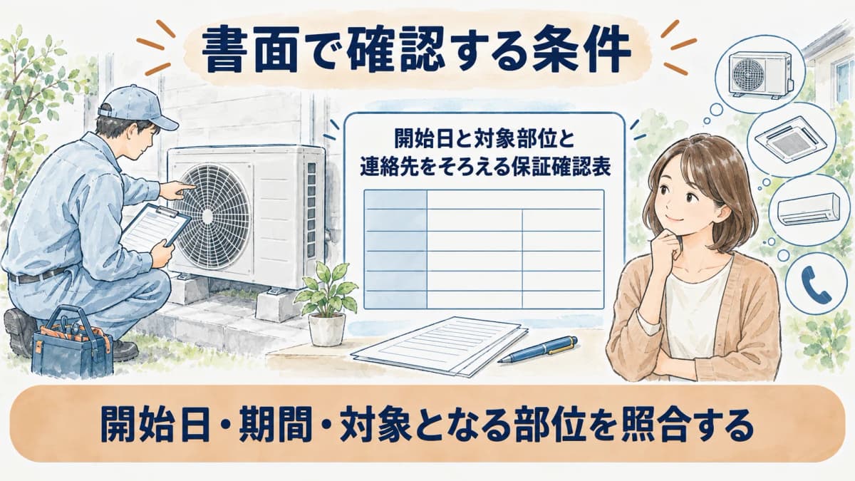 開始日と対象部位と連絡先をそろえる保証確認表の図
