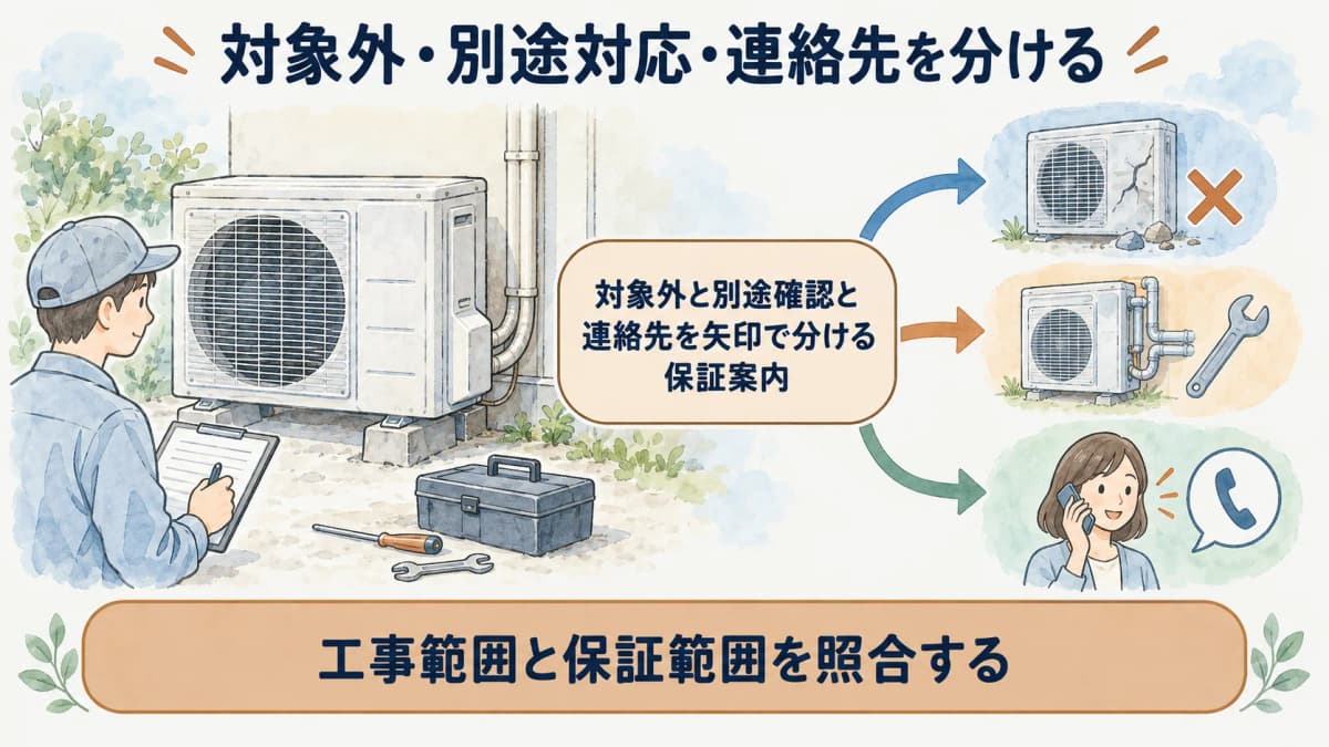 対象外と別途確認と連絡先を矢印で分ける保証案内の図