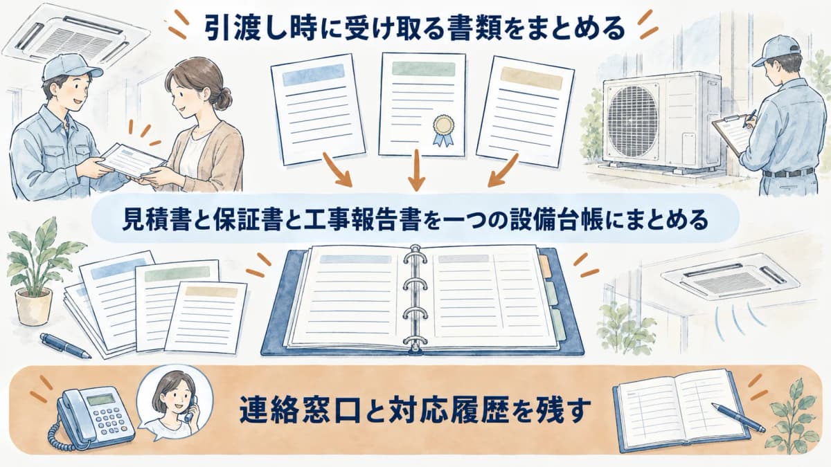 見積書と保証書と工事報告書を一つの設備台帳にまとめる図