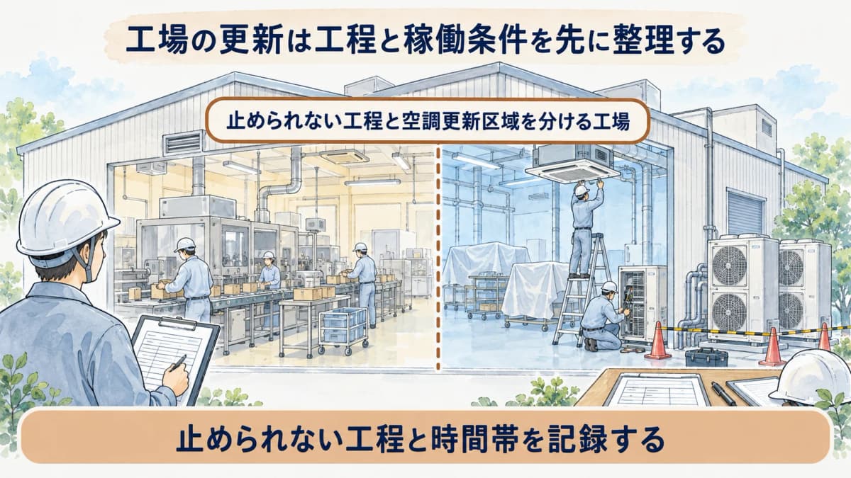 止められない工程と空調更新区域を分ける工場の図