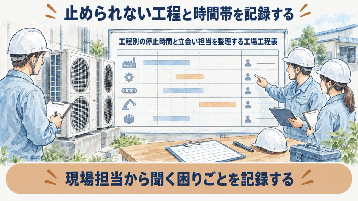 工程別の停止時間と立会い担当を整理する工場工程表の図