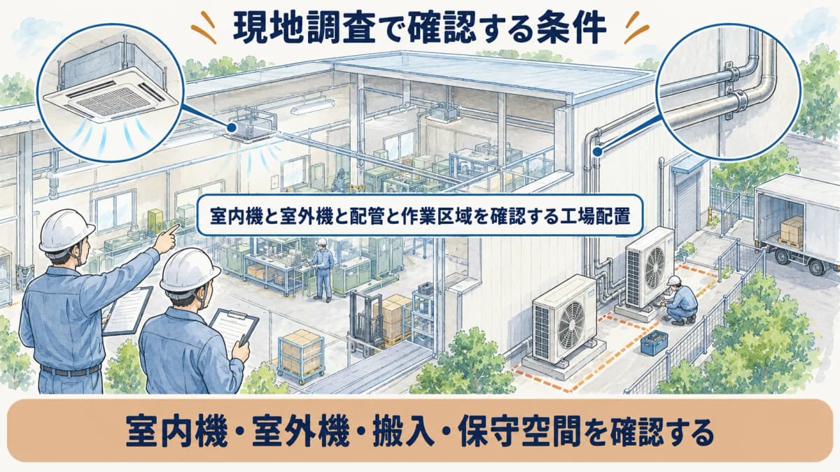 室内機と室外機と配管と作業区域を確認する工場配置図