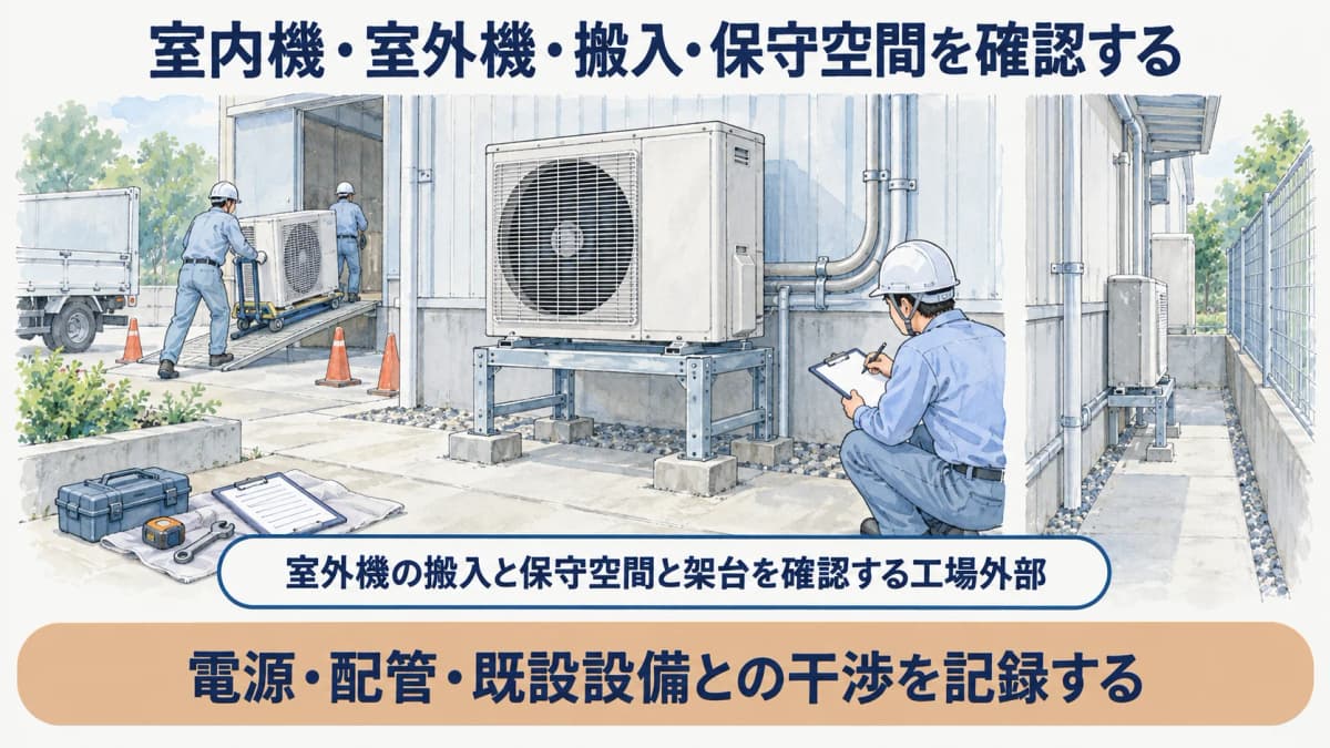 室外機の搬入と保守空間と架台を確認する工場外部の図