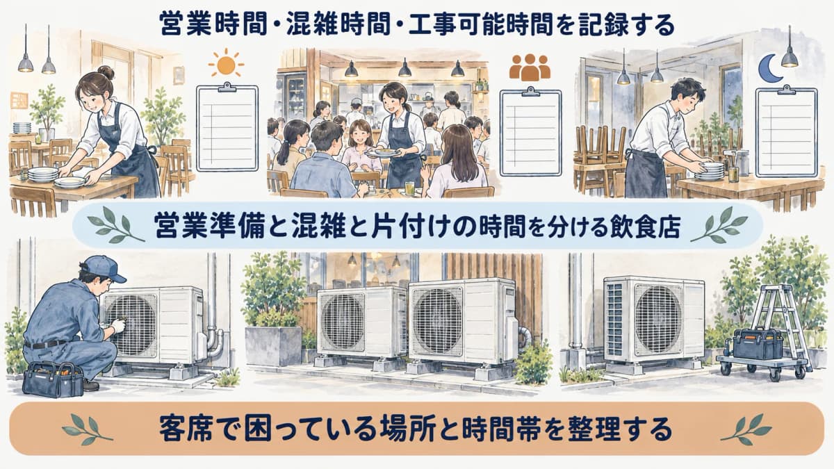 営業準備と混雑と片付けの時間を分ける飲食店の図