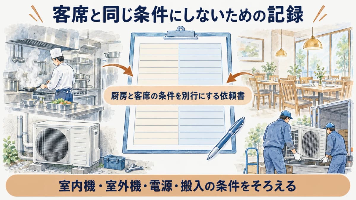 厨房と客席の条件を別行にする依頼書の図