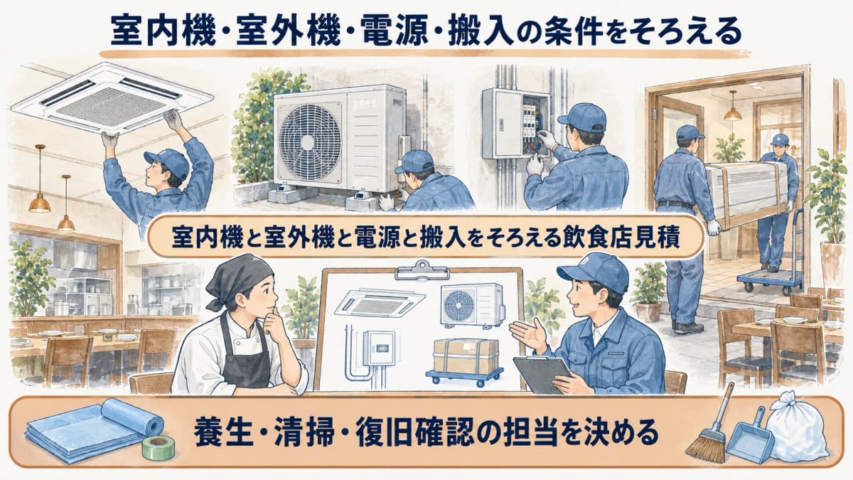 室内機と室外機と電源と搬入をそろえる飲食店見積図
