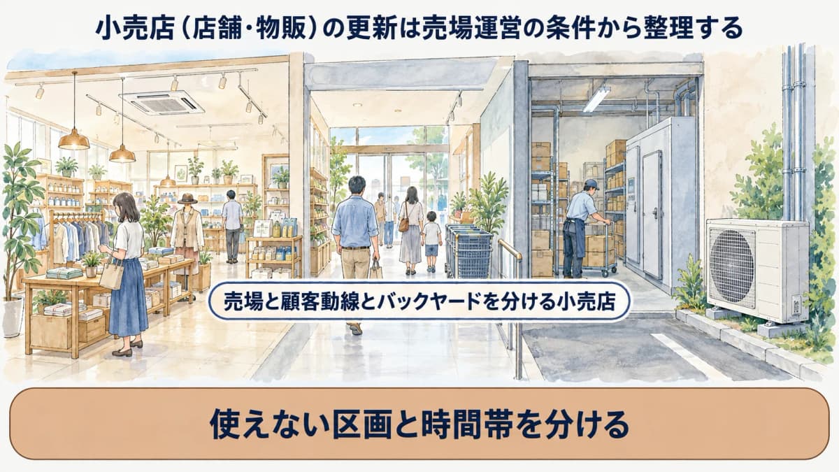 売場と顧客動線とバックヤードを分ける小売店の図