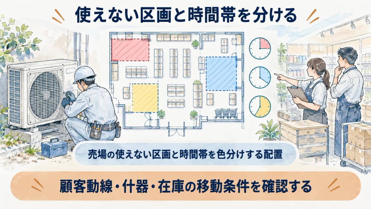 売場の使えない区画と時間帯を色分けする配置図