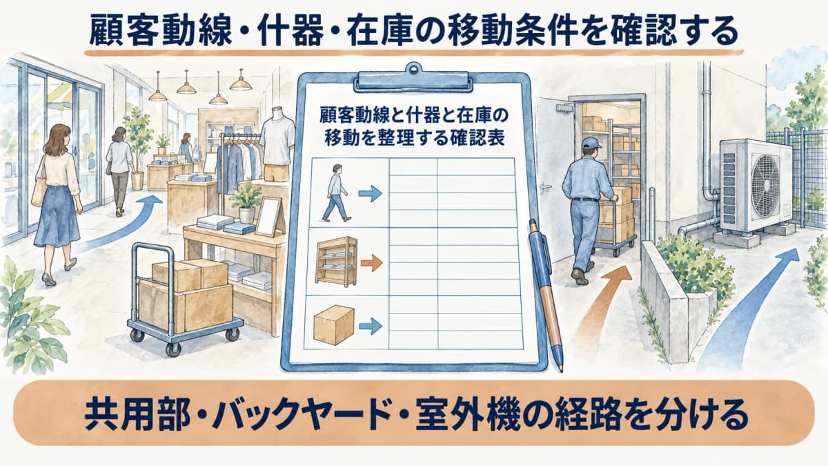 顧客動線と什器と在庫の移動を整理する確認表の図
