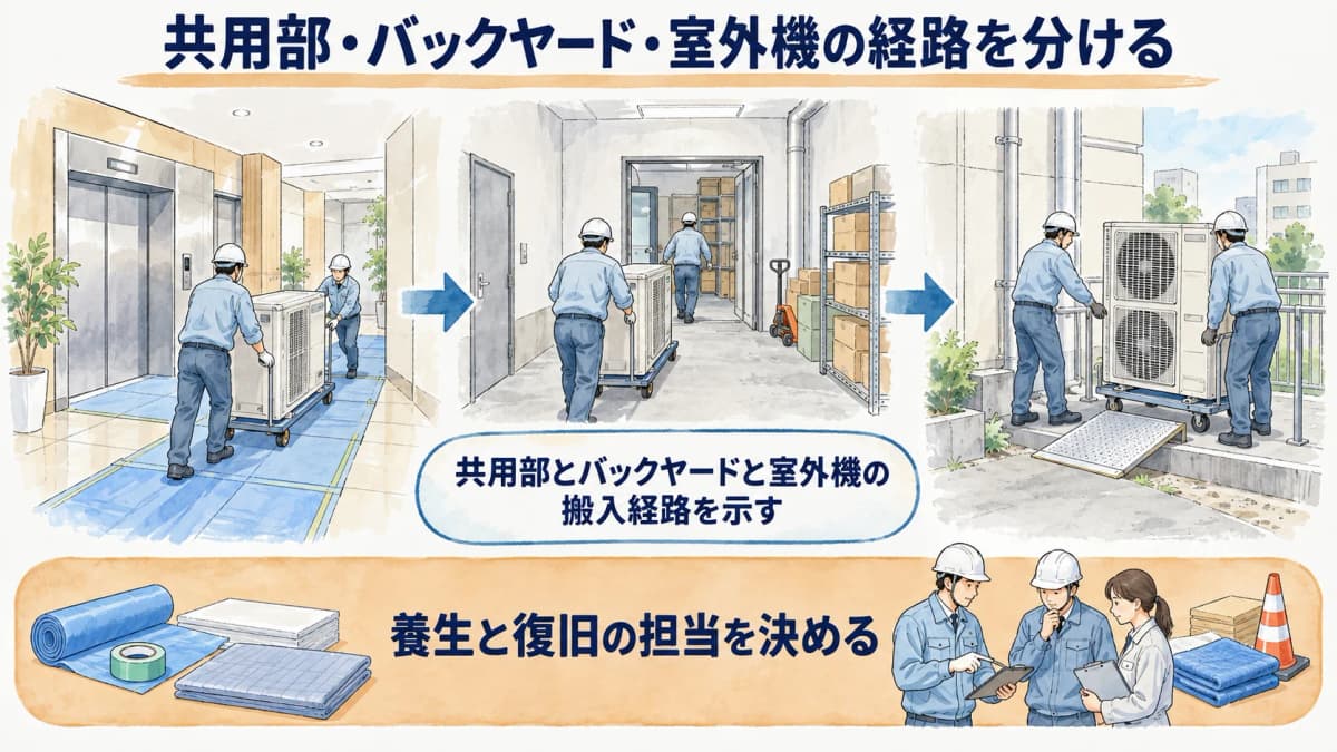 共用部とバックヤードと室外機の搬入経路を示す図