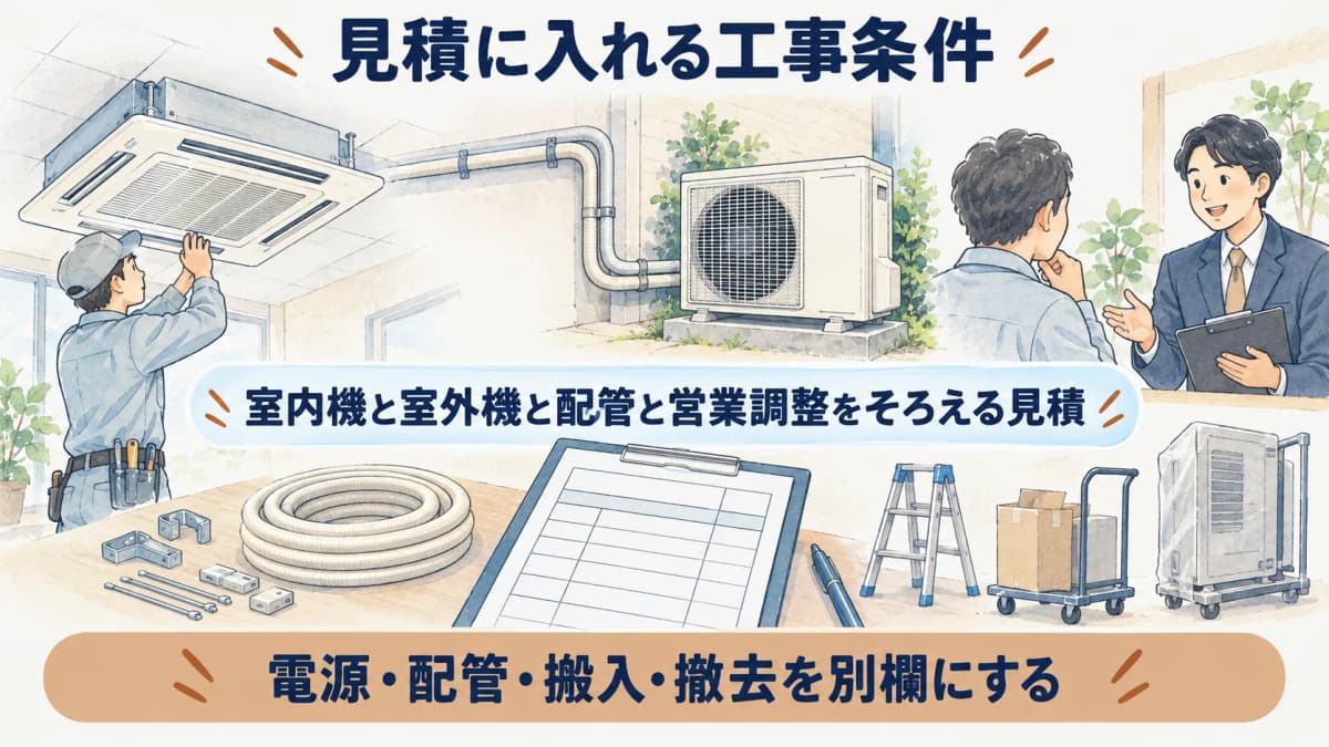 室内機と室外機と配管と営業調整をそろえる見積図